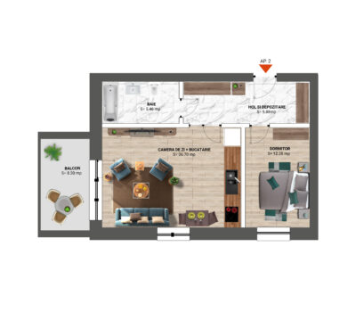 Apartament 2 Camere Open Space, 79 m<sup>2</sup>