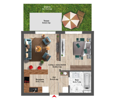 Double studio 51 sqm with 21 sqm garden